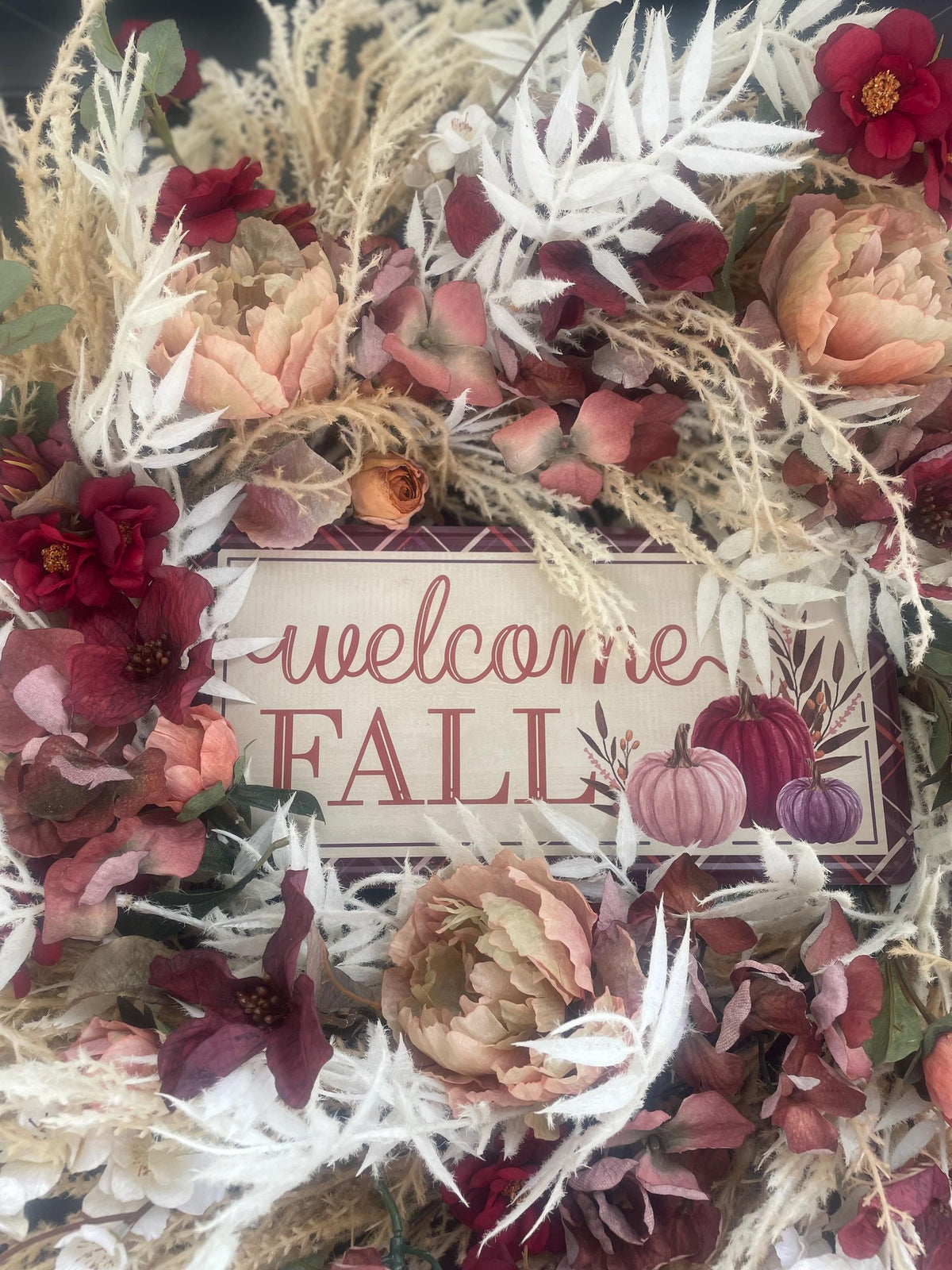 24" LARGE Welcome Fall Wreath, 60cm Autumn Front Door Wreath, Burgundy Cream Floral Harvest Wreath, Rustic Farmhouse Fall Door Decor