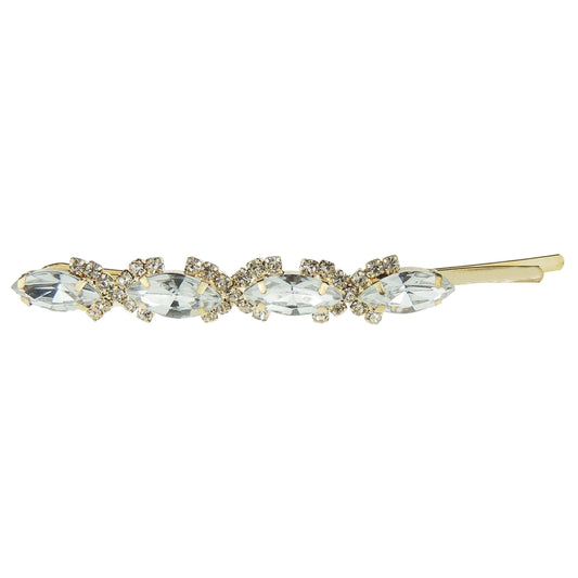 ONE GRIP Womens Girls Sparkly Bow Rhinestone Jeweled Crystal Diamante Party Birthday Christmas Bridal Wedding Accessories Slides Hairpin Hair Clips Grips Bobby Pins 9cm Gold Tone Stones Oval (Clear)