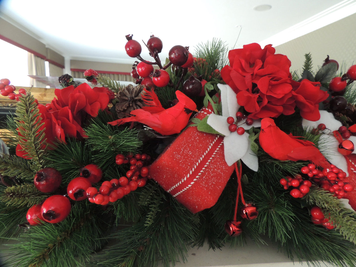 Traditional Red & Green Christmas Mantel Swag | Pine Fireplace & Over Door Decor | 80cm (31.5")