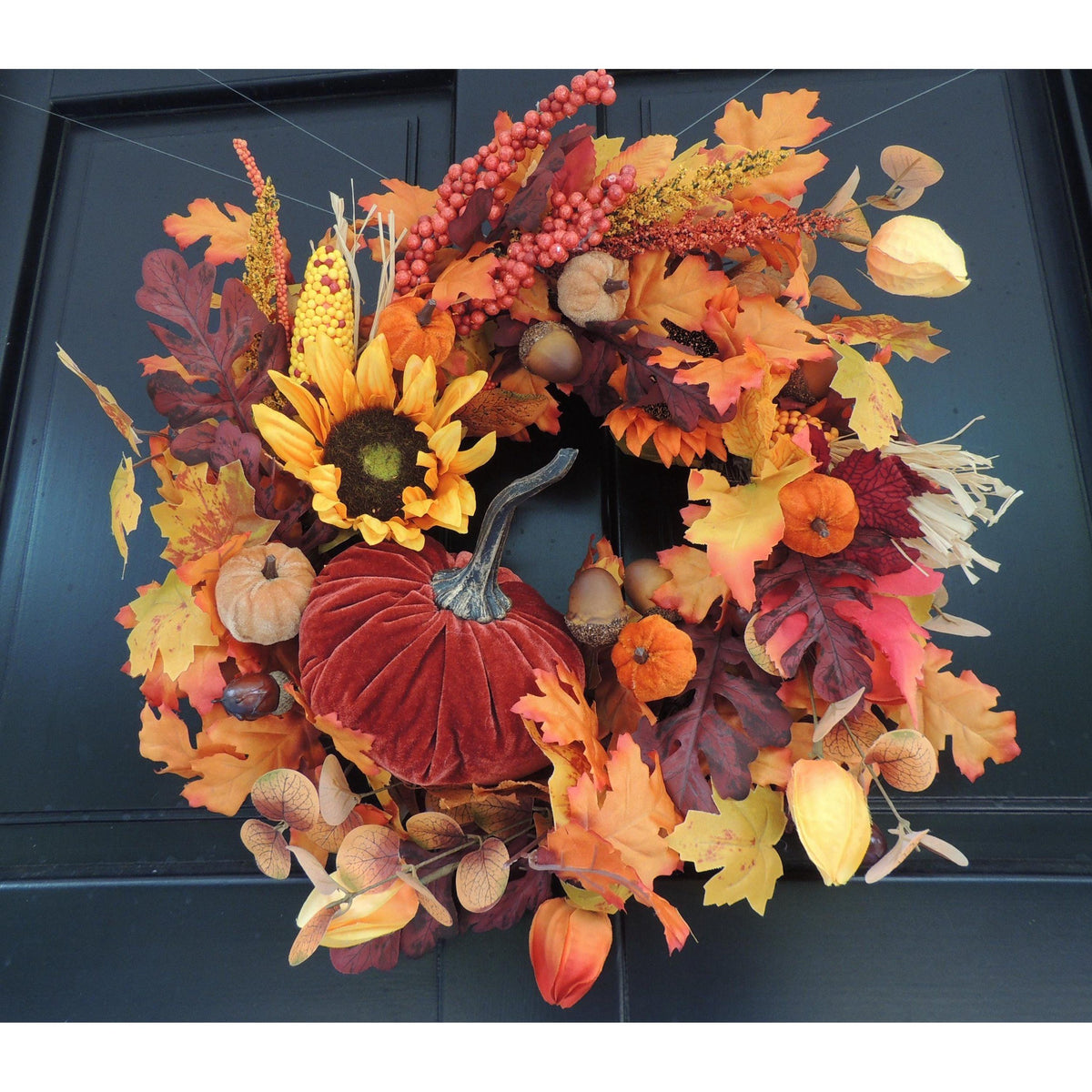 20" Large Velvet Pumpkin Wreath, Autumn Fall Front Door Wreath, Sunflower Harvest Decor, Rustic Thanksgiving Farmhouse Wreath