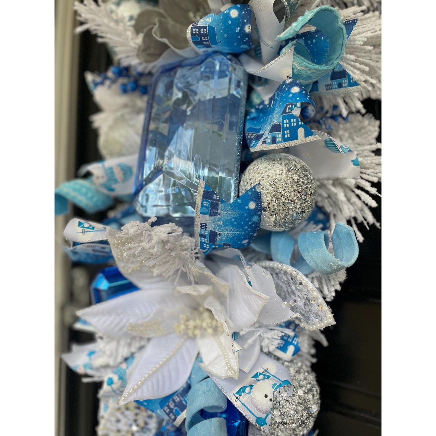 XL Ice Blue Snow Flocked  Luxury Teardrop Christmas Front Door Wreath White Home Decoration Xmas Winter Mantle Decor Holiday Advent Swag
