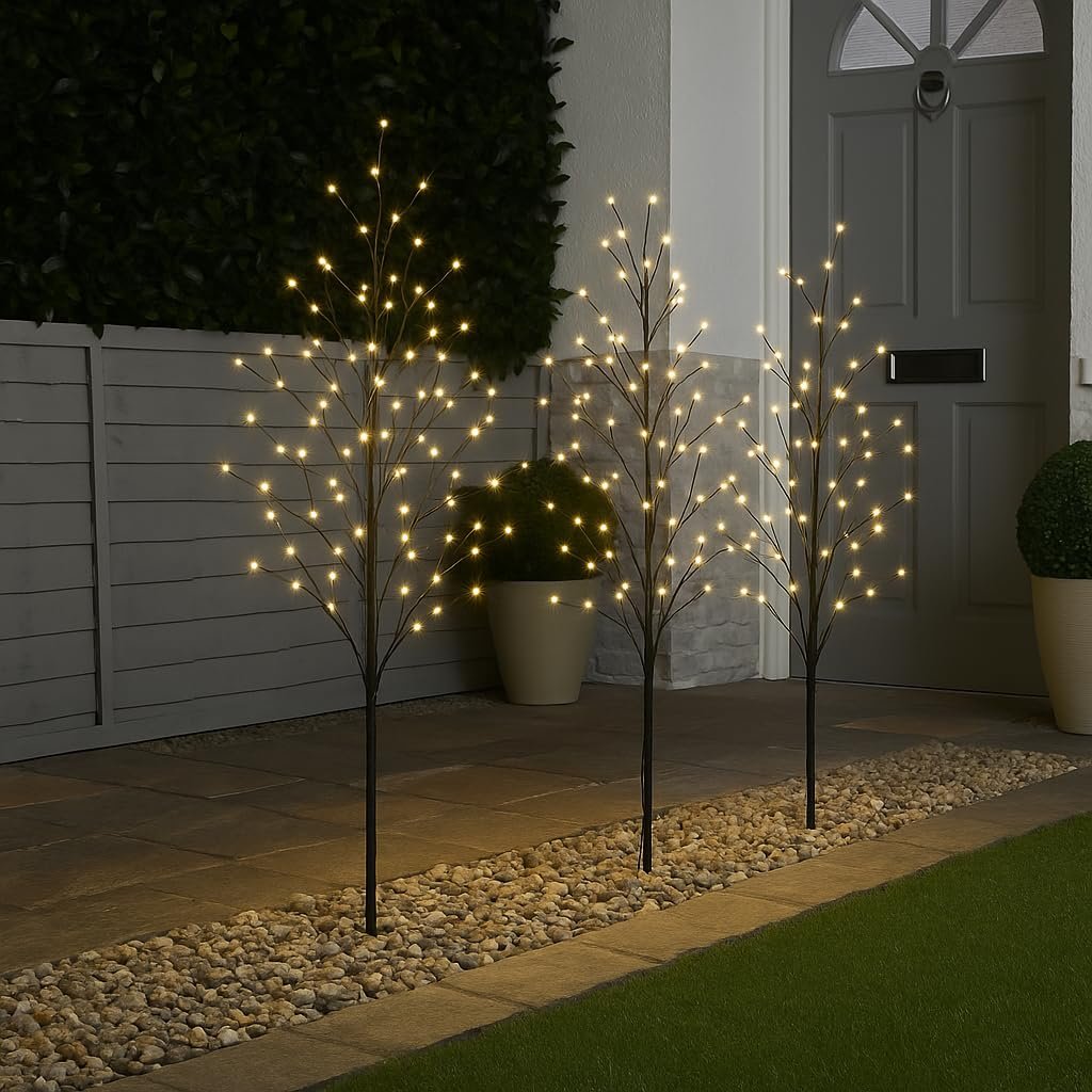 Set 4 Tall Lit Twig Tree Path Finders Warm White LEDs Outdoor Garden Christmas Fairy Lights