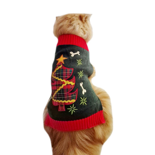 Cute Funny SMALL DOG ONLY Doggie Puppy Kitten Cat Christmas Xmas Outfit Warm Winter Girl Boy Jumper Coat Clothes Hoodies Costume Ideas Pullover Sweater Green Red Tartan Plaid Tree
