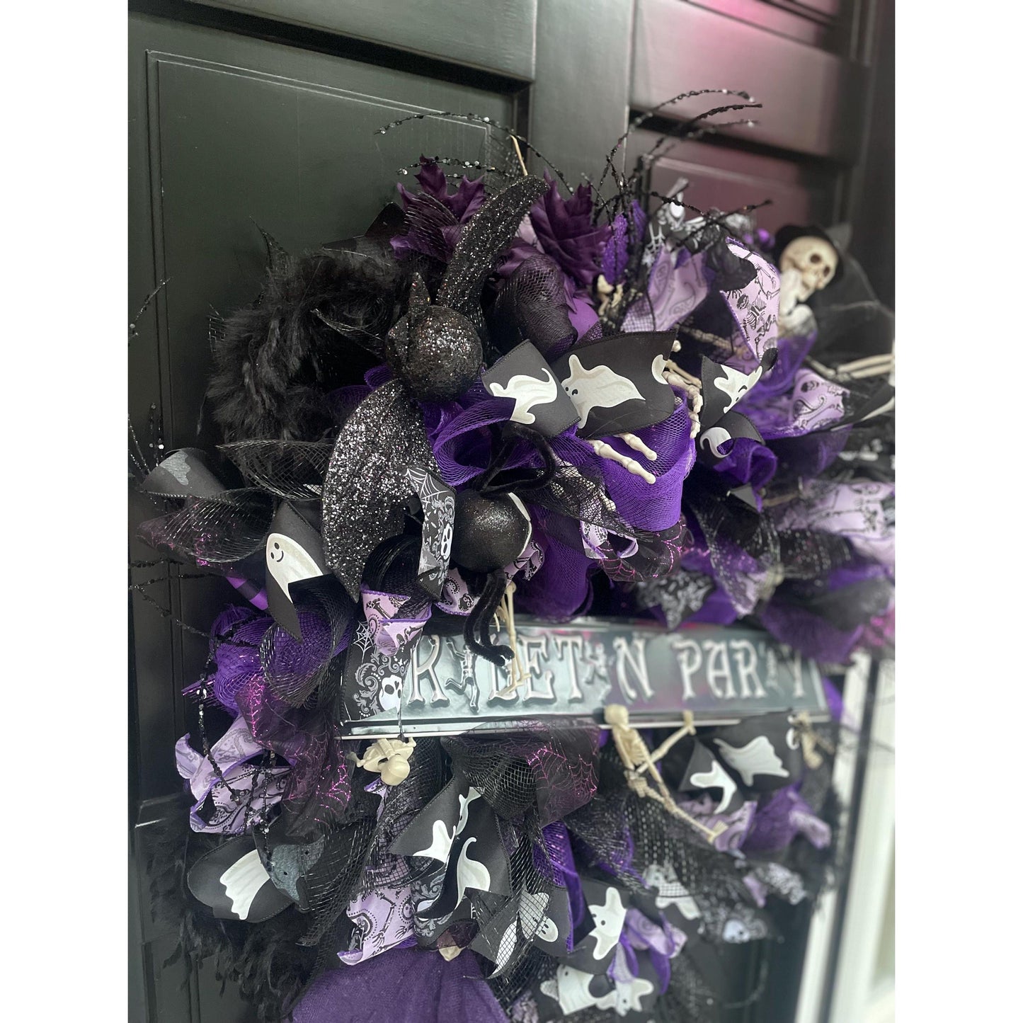 Large Halloween Front Door Wreath Spooky Hanger Black Purple Skeleton Party Wall Porch Hanger Handmade House Home Decor Decorations Welcome