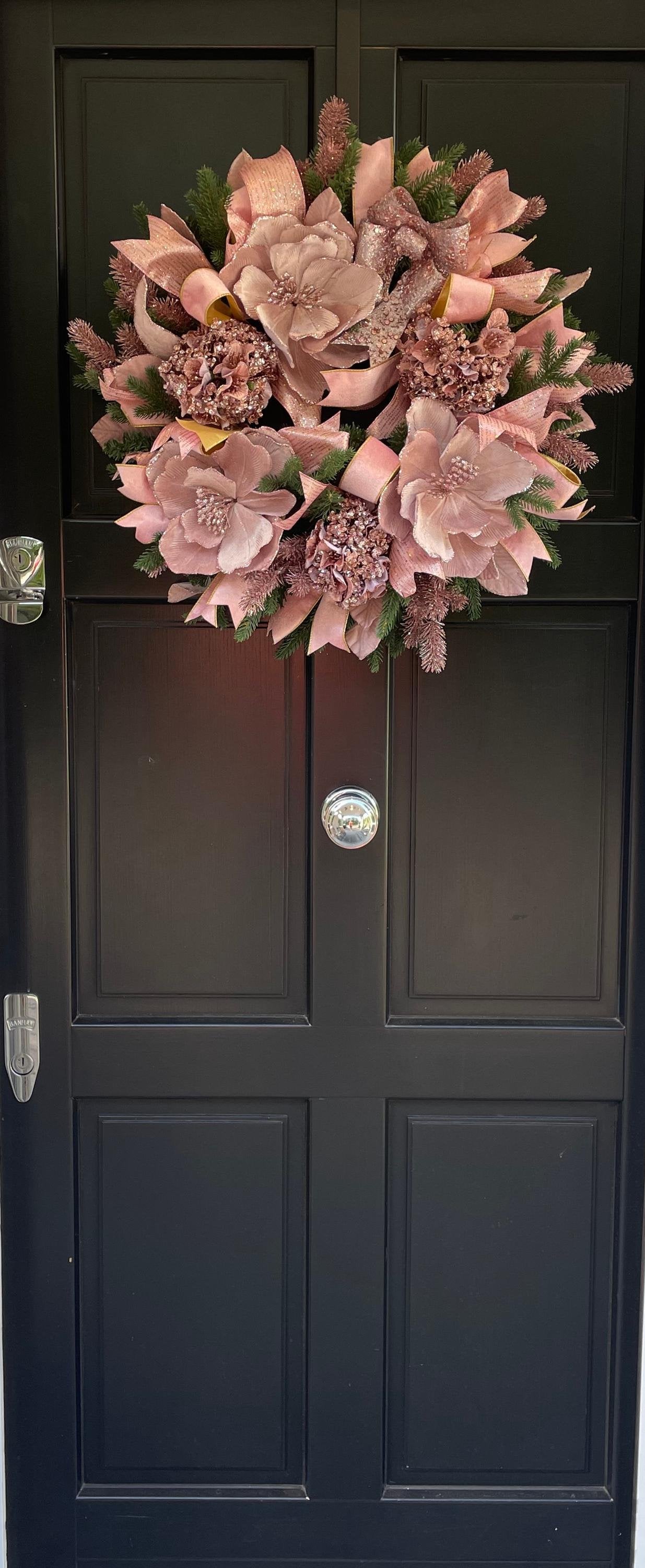 Luxury Blush Pink Christmas Wreath | Elegant Velvet Magnolia Front Door Wreath | 60cm (24")