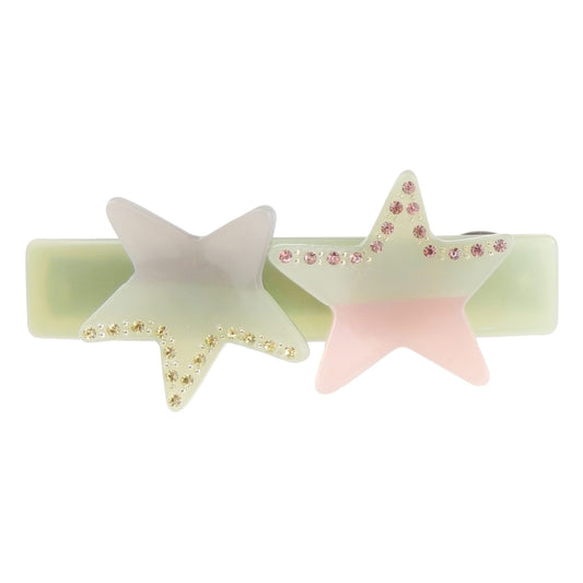 Womens Girls Crystal Rhinestone Diamante Wedding Birthday Party Evening School Ponytail Fine Medium Thick Hair Accessories Barrette Hairpin Grip French Spring Clip 3D Stars Two Tone (Green)
