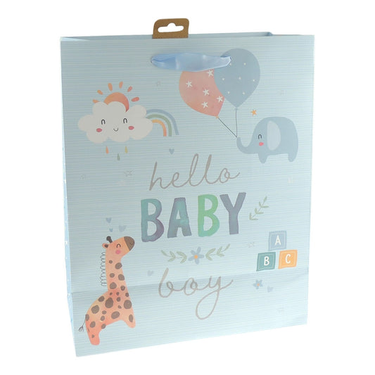 Christening Baptism New Baby Birth Newborn Party Shower Pink Blue Elephant Giraffe With Balloons Baby Girl Boy Hooray Gift Wrap Occasion Present Paper Bag (Blue, Medium)