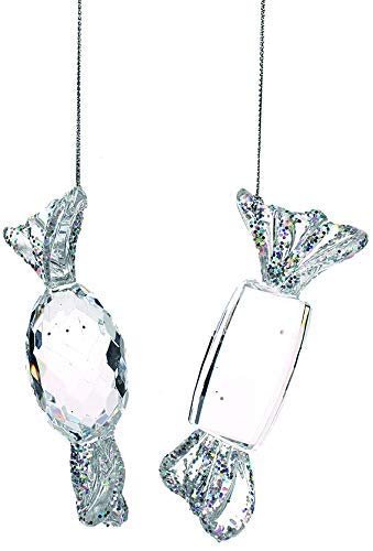 Festive Set of 4 x Hanging Clear and Silver Glitter Acrylic Jewel Candy Sweets 10cm - Sparkly Christmas Tree Decoration Bauble