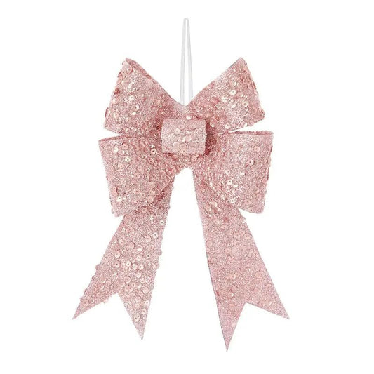 Pink Glitter Sequin Sparkly Festive Bow Hanging Christmas Party Xmas Decor Decoration
