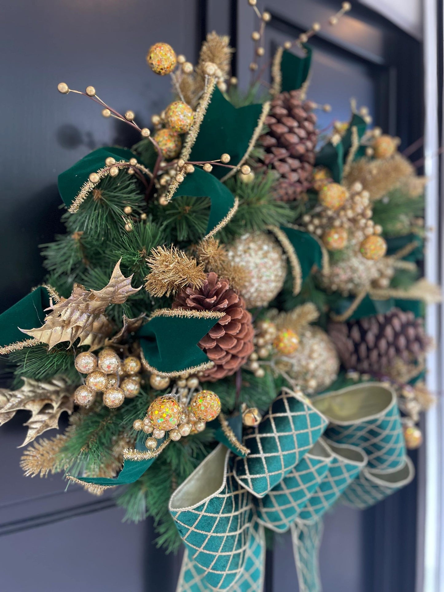 Luxury Emerald Green & Gold Christmas Wreath | Designer Velvet Bow Front Door Wreath | 60cm (24")