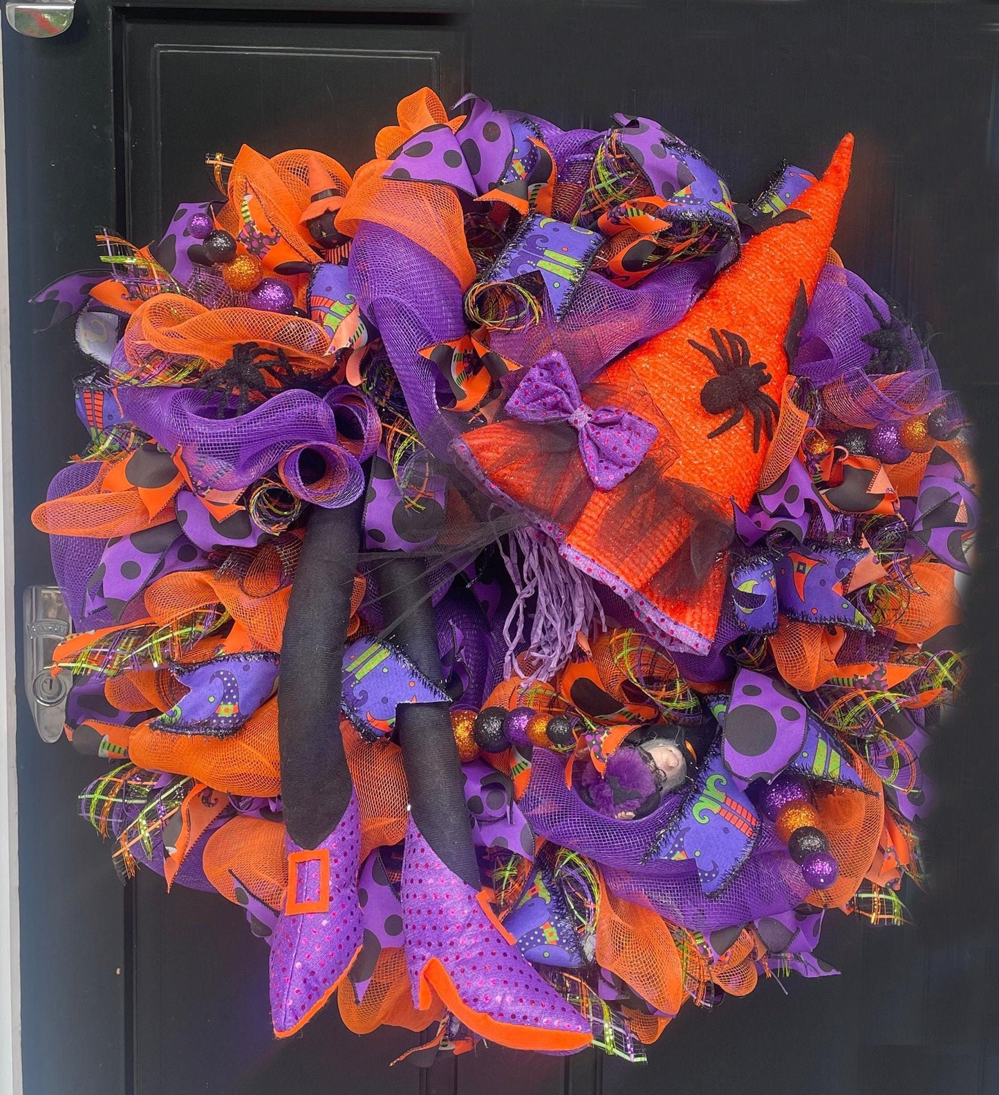 Large Witch Halloween Wreath | Purple & Orange Front Door Decor | 70cm (27.5")
