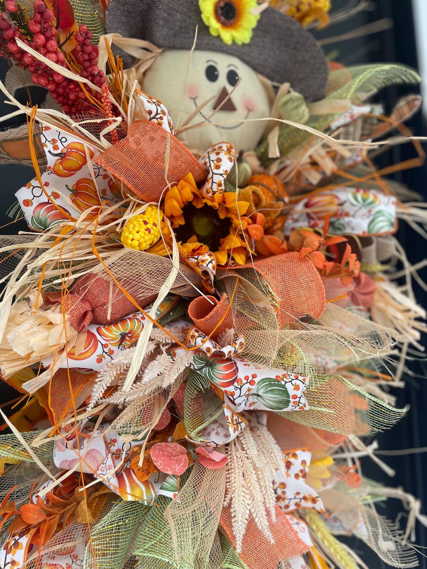 XXL Scarecrow Orange Halloween Front Door Wreath Swag Teardrop Hanger Wall Porch Hanger Handmade House Home Decor Decorations Glam