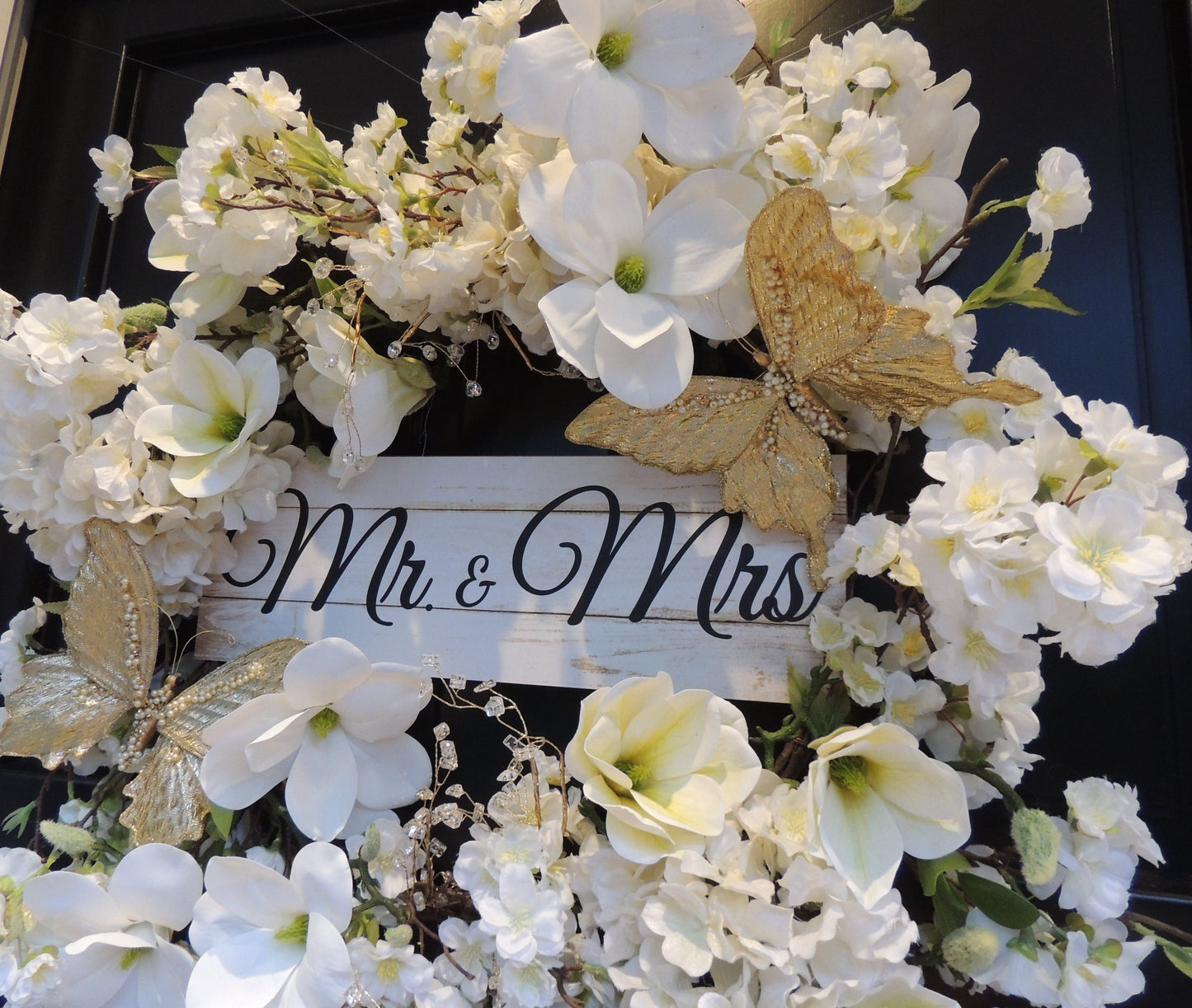 White Ivory Mr & Mrs Wedding Wreath Swag | White Ivory Magnolia Hydrangea Front Door Wreath Gold Butterflies | 50cm Bridal Reception Decor