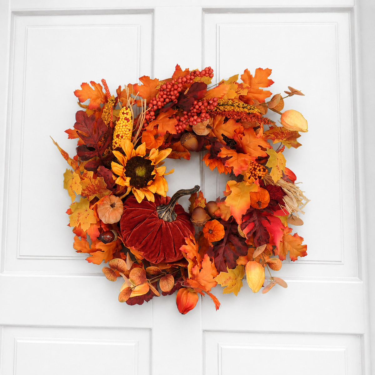 20" Large Velvet Pumpkin Wreath, Autumn Fall Front Door Wreath, Sunflower Harvest Decor, Rustic Thanksgiving Farmhouse Wreath