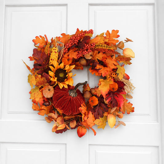 20" Large Velvet Pumpkin Wreath, Autumn Fall Front Door Wreath, Sunflower Harvest Decor, Rustic Thanksgiving Farmhouse Wreath