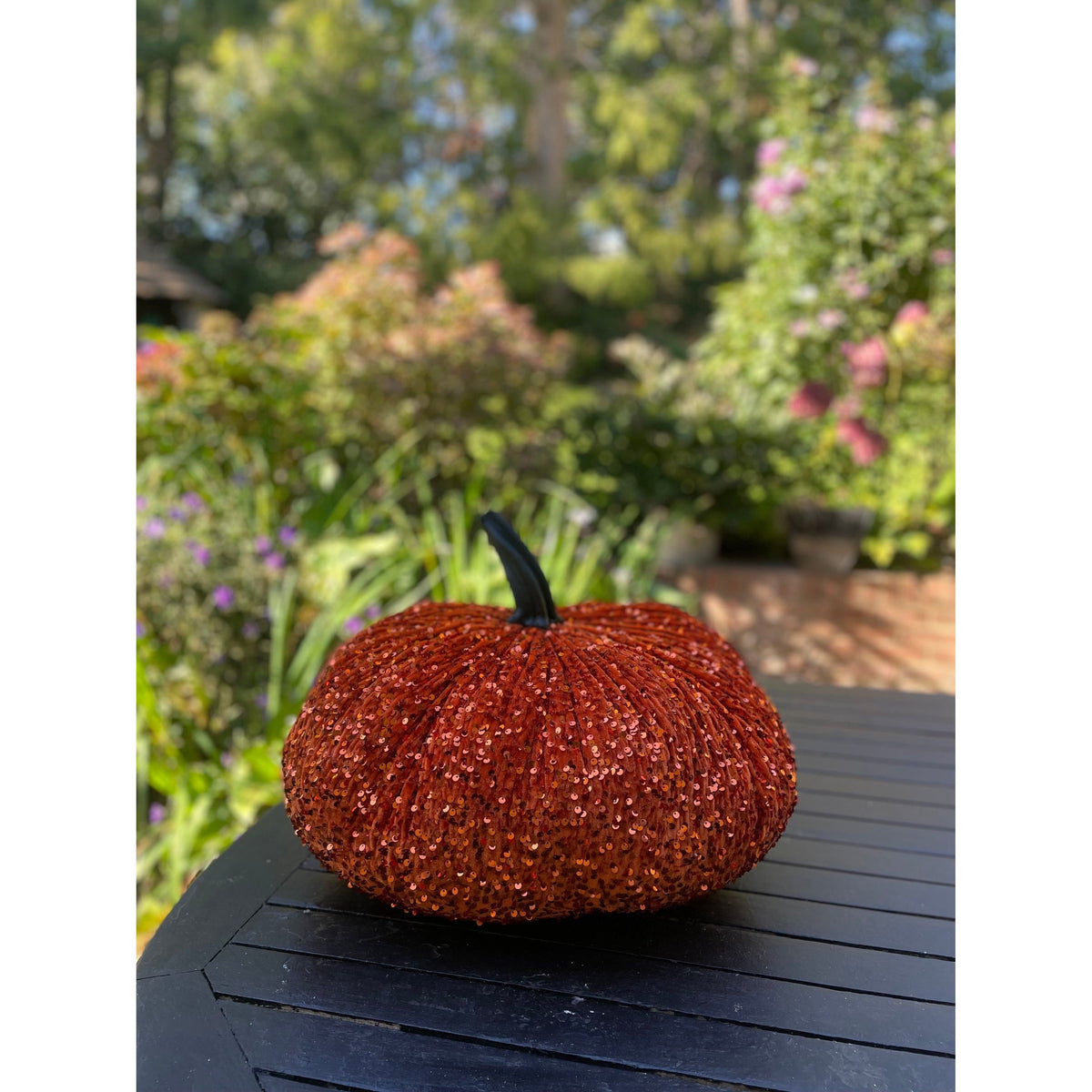 Jumbo XXL Sparkly Velvet Sequin Pumpkin with Real Stem