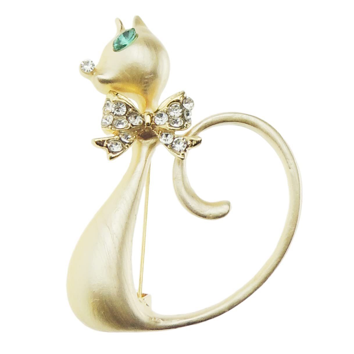 Formal Lapel Scarf Brooch Crystal Cat Tail Curled Up Enamel Green Eyes (Black)
