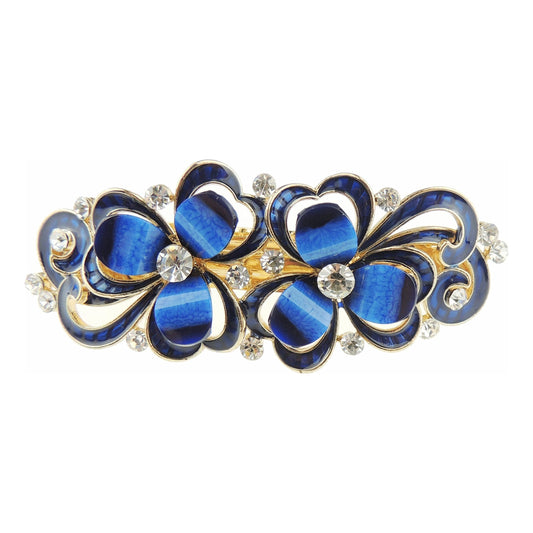 Ladies Enamel & Diamante Evening Occasion Stencil Hair Barrette Clip Two Flowers Blue