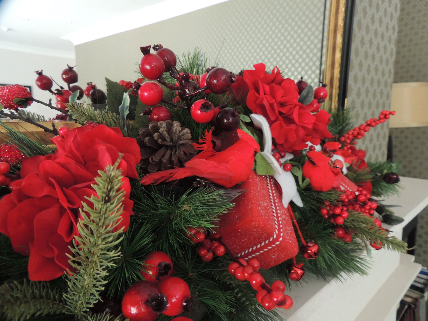 Traditional Red & Green Christmas Mantel Swag | Pine Fireplace & Over Door Decor | 80cm (31.5")
