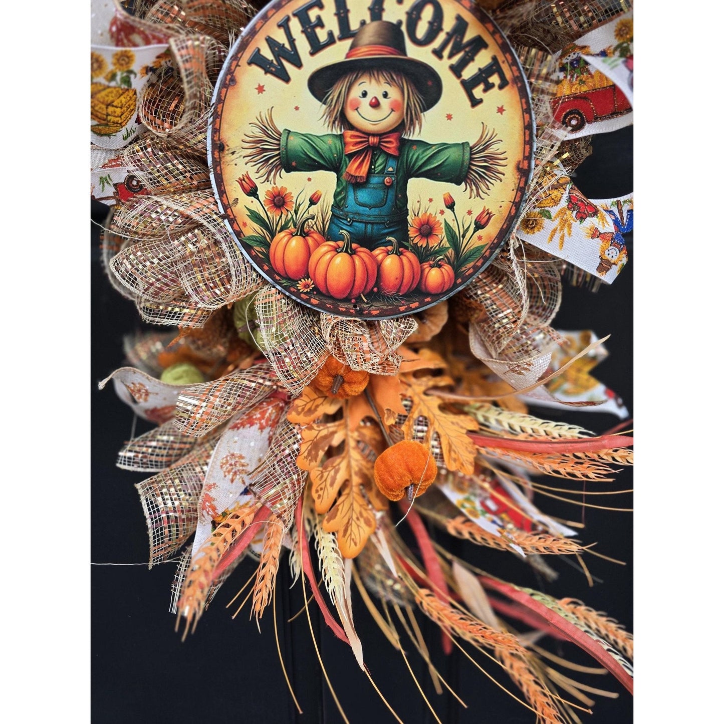 XL Autumn Fall Orange Scarecrow Harvest Front Door Wreath Luxury Rustic Wall Porch Hanger House Home Decor Decorations Thanksgiving Boho