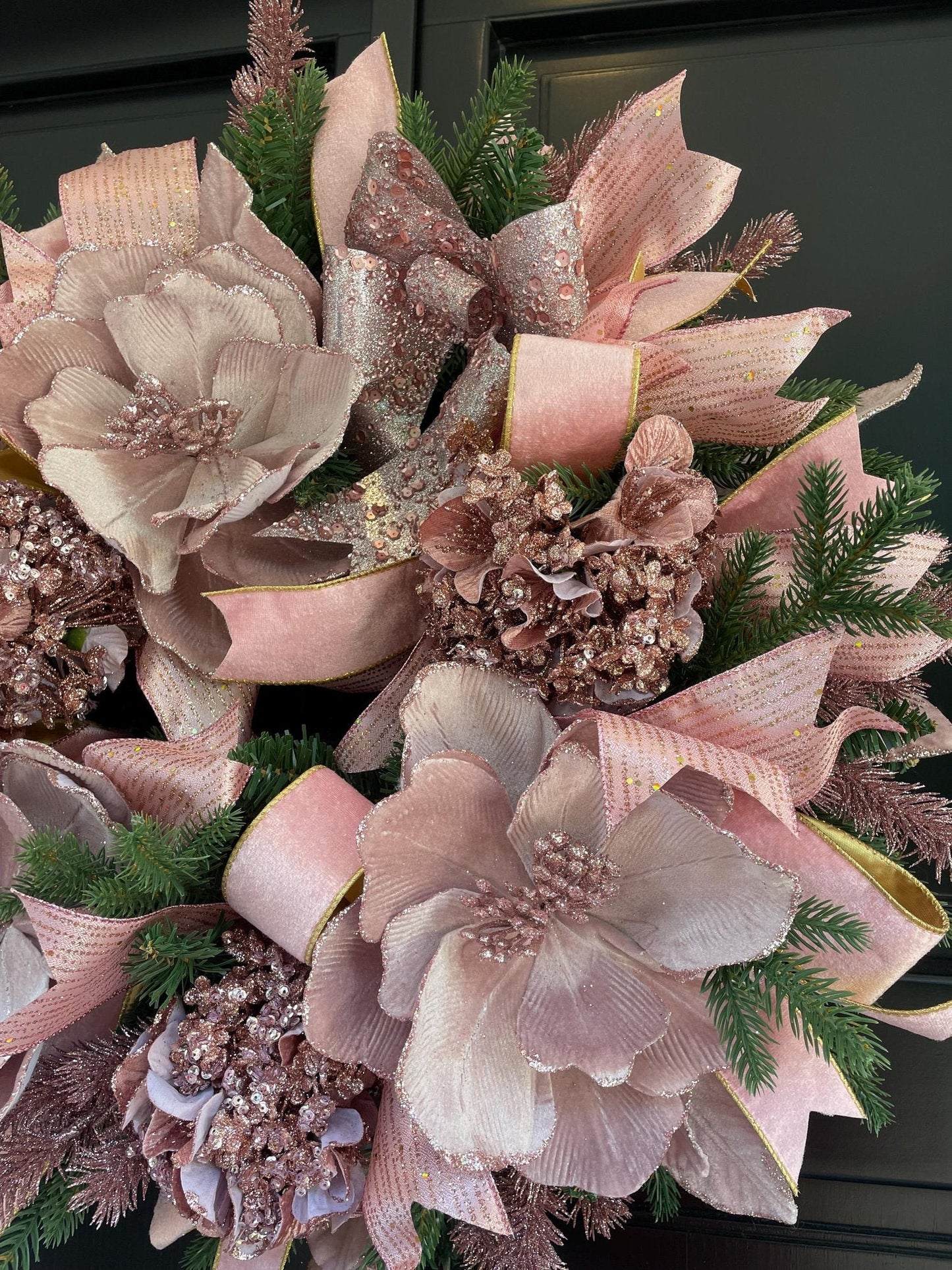Luxury Blush Pink Christmas Wreath | Elegant Velvet Magnolia Front Door Wreath | 60cm (24")