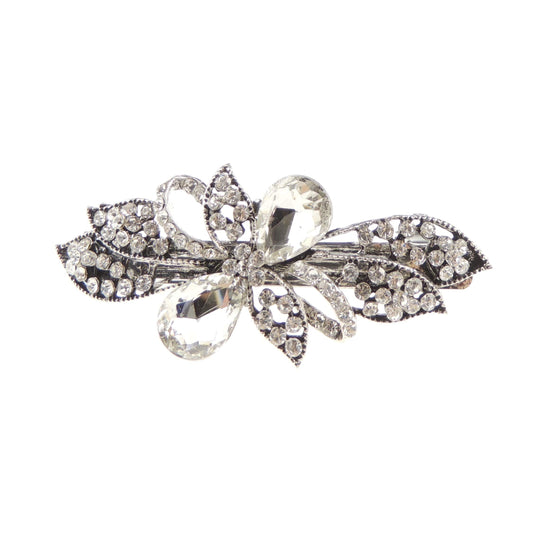 Womens Girls Crystal Rhinestone Diamante Wedding Birthday Party Evening School Ponytail Fine Medium Silver Tone Hair Accessories Occasion Barrette Hairpin Grip French Spring Clip Small Bow