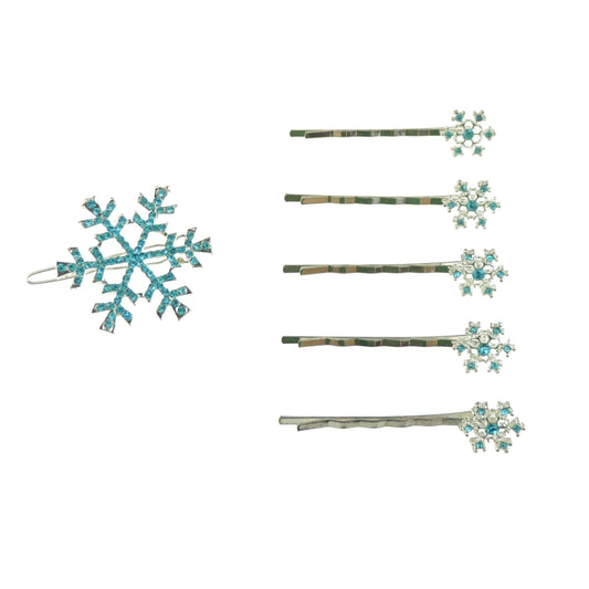 Womens Girls Sparkly Festive Christmas Snowflake Rhinestone Jeweled Crystal Diamante Party Birthday Christmas Bridal Wedding Accessories Slides Hairpin Hair Clips Grips Bobby Pins 6 PIECE SET