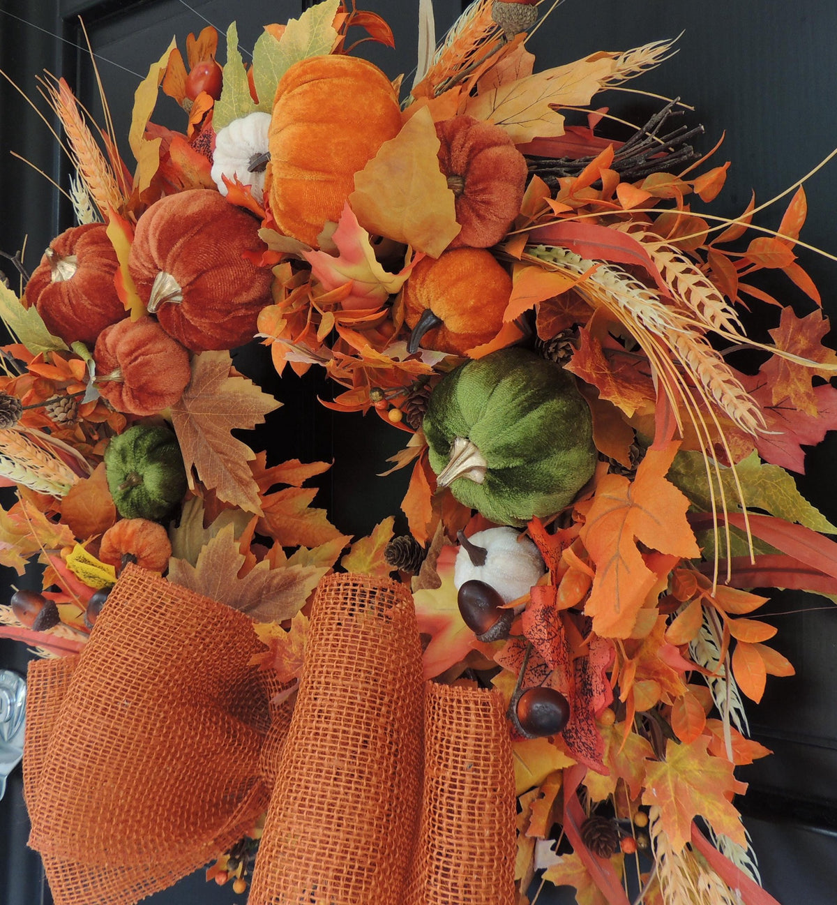 Large Velvet Pumpkin Autumn Wreath, Rustic Harvest Front Door Decor, Burnt Orange Fall Decoration, Thanksgiving Decorating