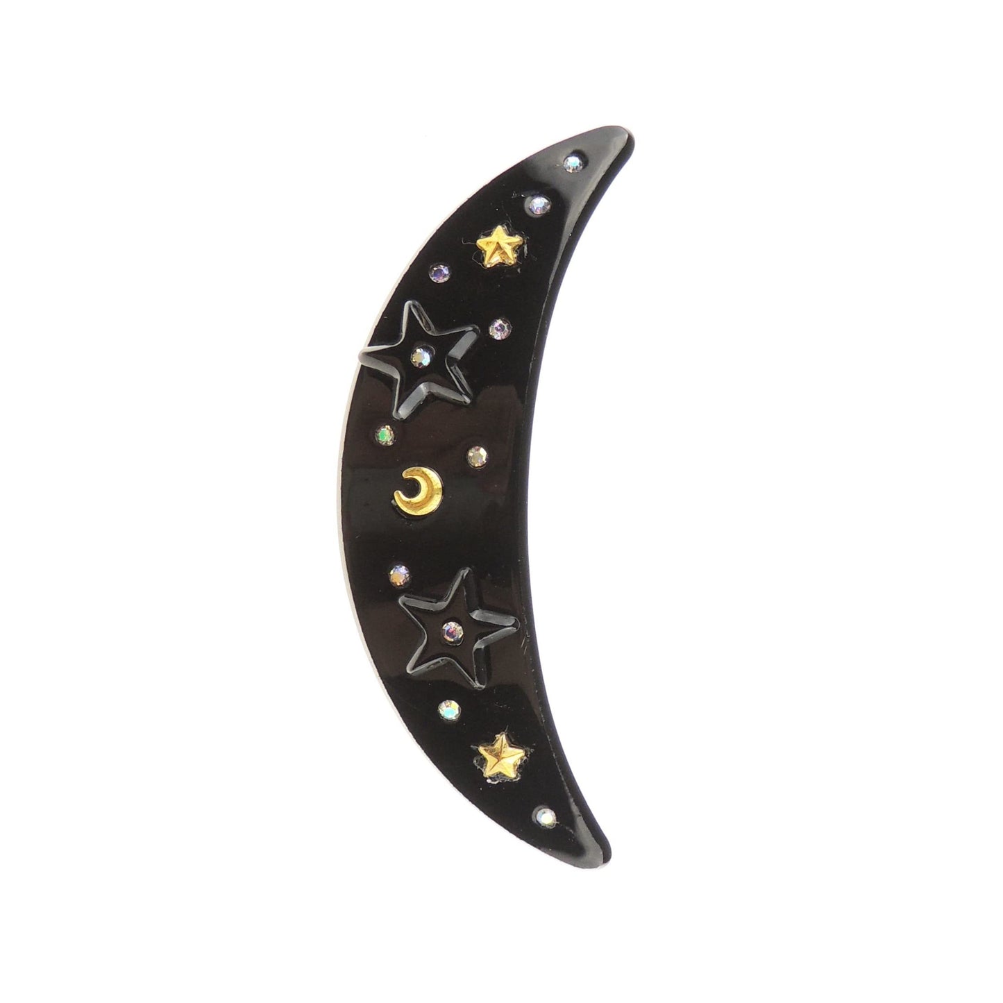 Womens Girls Gold Crystal Rhinestone Diamante Wedding Birthday Party Evening Ponytail Fine Hair Accessories Occasion Barrette Hairpin Grip French Spring Clip Vintage Look Moon Stars