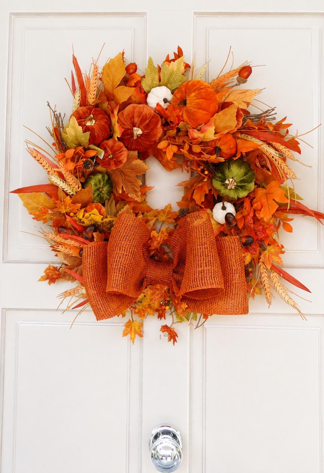 Large Velvet Pumpkin Autumn Wreath, Rustic Harvest Front Door Decor, Burnt Orange Fall Decoration, Thanksgiving Decorating