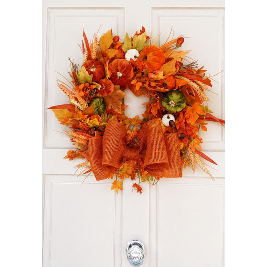 Large Velvet Pumpkin Autumn Wreath, Rustic Harvest Front Door Decor, Burnt Orange Fall Decoration, Thanksgiving Decorating