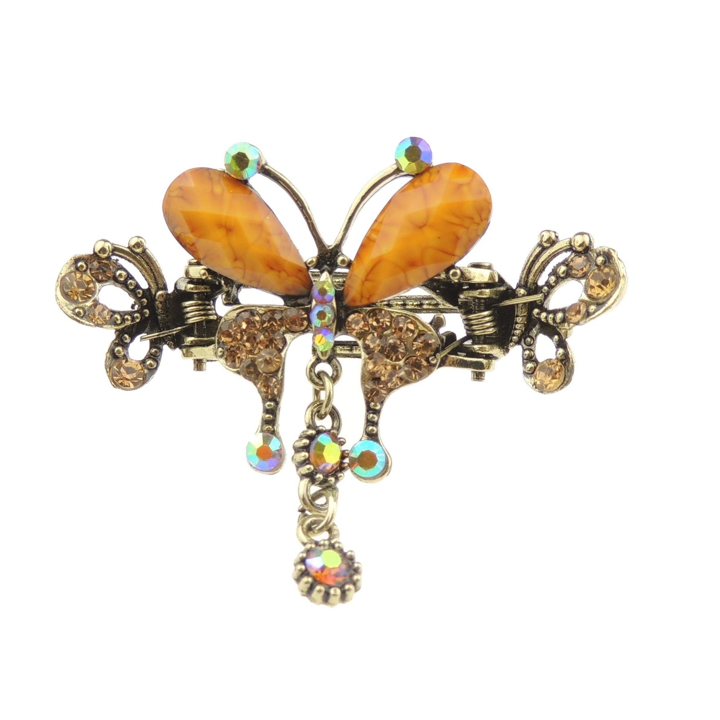 Women Girls Gold Metal Vintage Look Crystal Diamante Rhinestone Gems Bulldog Jaw Clip Octopus Short Small Fine Thin Hair Clamp Grip Bridal Wedding Party Styling Claw 6cm Butterfly Multicolour