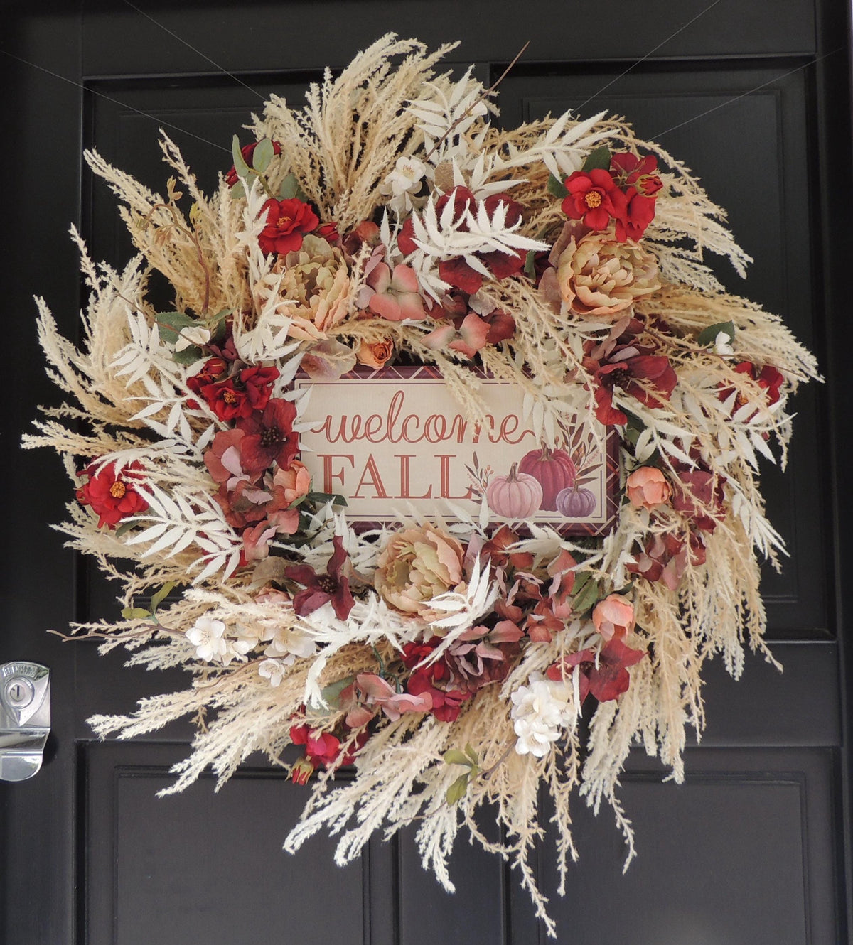 24" LARGE Welcome Fall Wreath, 60cm Autumn Front Door Wreath, Burgundy Cream Floral Harvest Wreath, Rustic Farmhouse Fall Door Decor
