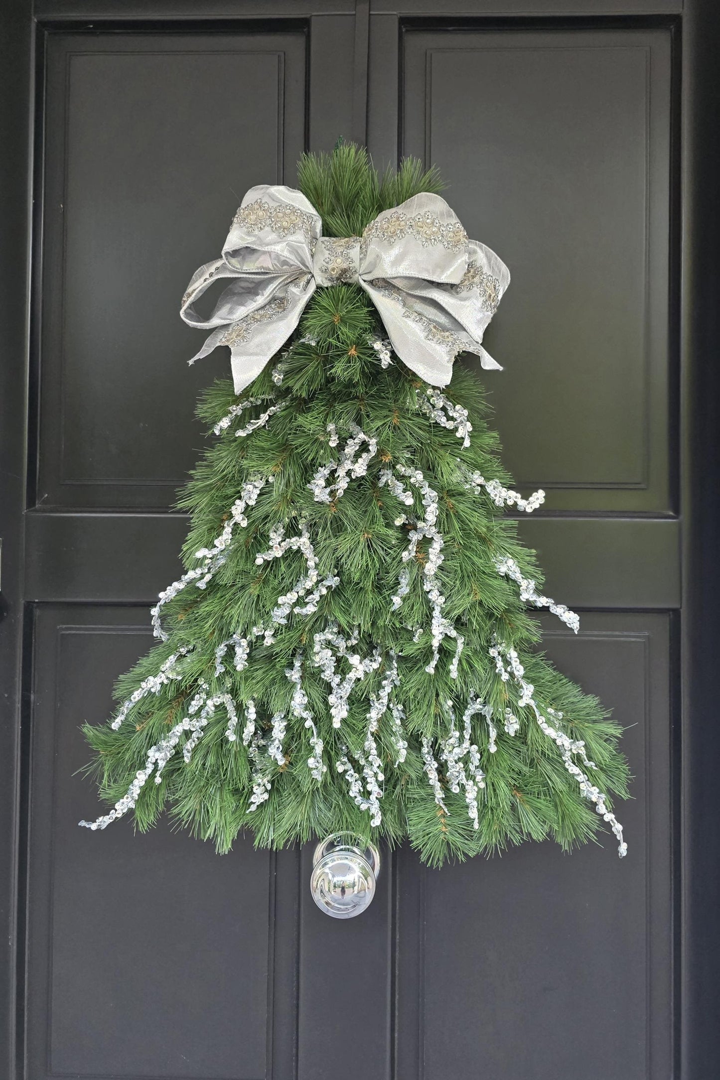 Luxury Christmas Tree Door Swag | Silver Green Christmas Tree Wall Hanging | Designer Front Door Decor | 50cm (20")