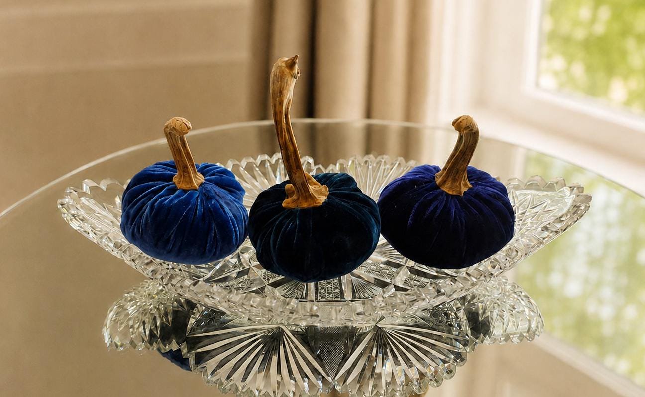 Set of 3 MINI Luxury Dark Blue Navy Silk Velvet Pumpkins, Autumn Table Decor, Fall Wedding, Bookshelf Ornament