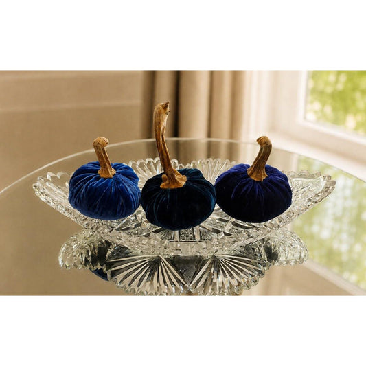 Set of 3 MINI Luxury Dark Blue Navy Silk Velvet Pumpkins, Autumn Table Decor, Fall Wedding, Bookshelf Ornament