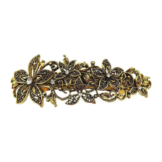 Gold Tone Metal Vintage Floral Diamante Hair Barrette