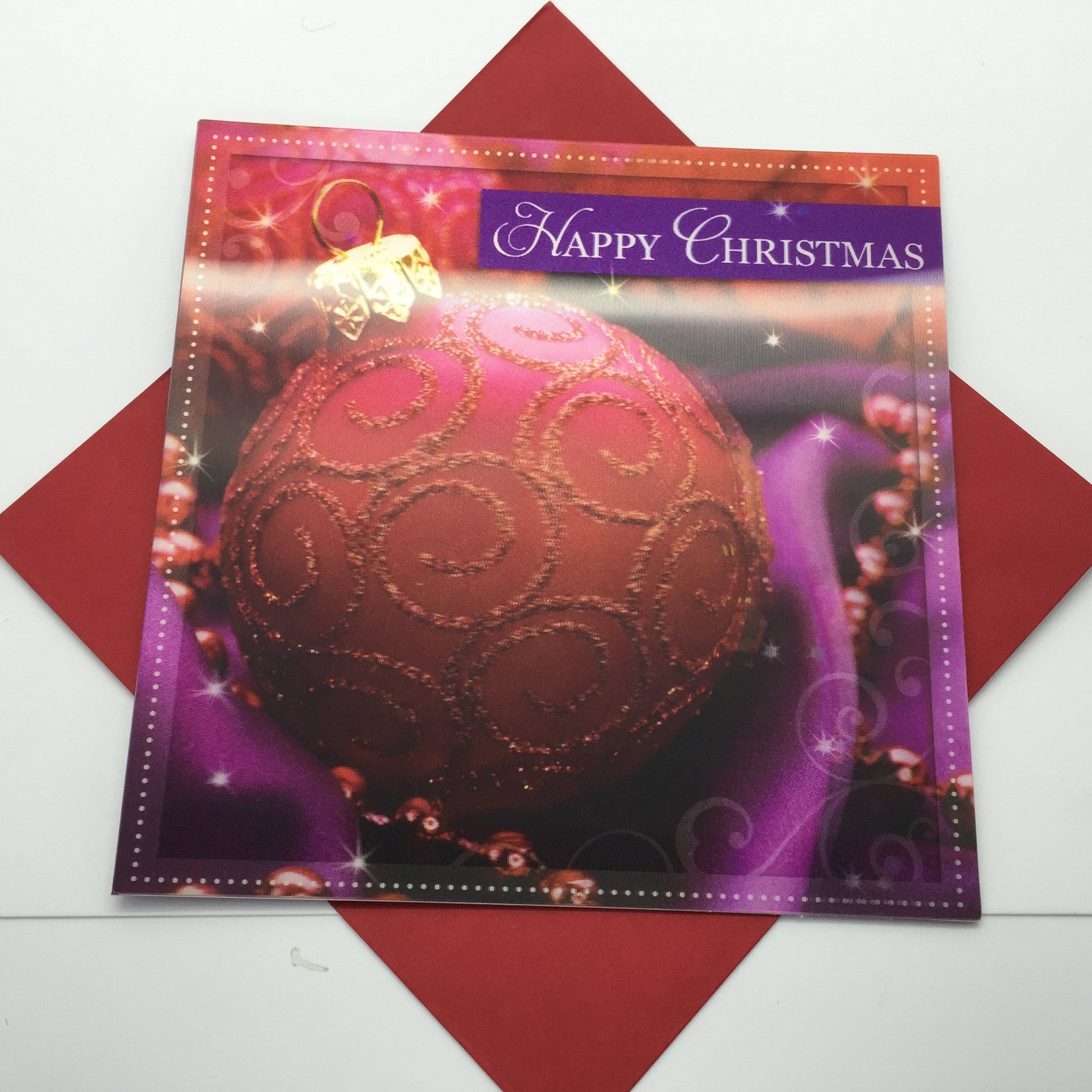 3D Holographic Up Close with Red Bauble Christmas Greeting Card