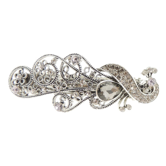 Womens Girls Vintage Look Crystal Rhinestone Diamante Wedding Birthday Party Evening Ponytail Fine Medium Hair Accessories Occasion Barrette Hairpin Silver Tone Metal French Spring Clip Peacock