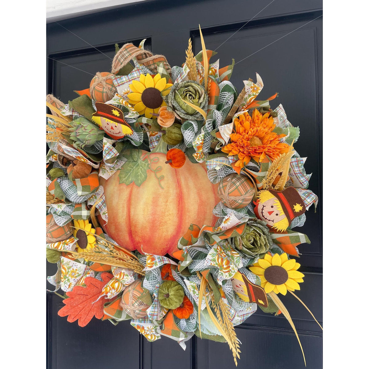 24" Large Autumn Pumpkin Wreath, Fall Harvest Front Door Wreath, Scarecrow Sunflower Thanksgiving Porch Decor, Farmhouse Autumn Decoration