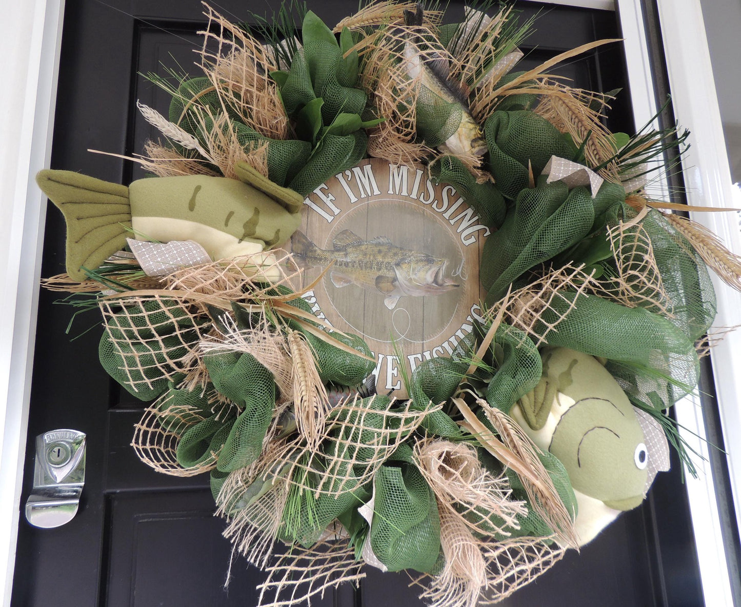 27" Oversized XL Green Fishing Wreath,Cabin Front Door Swag,Rustic Country Home Decor,Lake Beach House Decoration,Natural House Warming gift