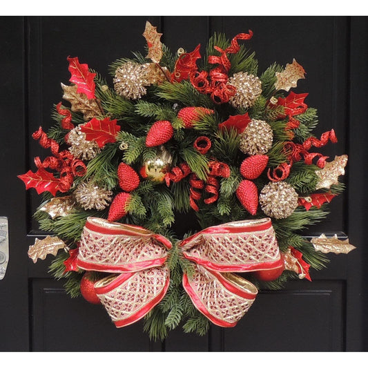 Luxury Designer Christmas Wreath | Elegant Red & Gold Front Door Wreath | 60cm (24")