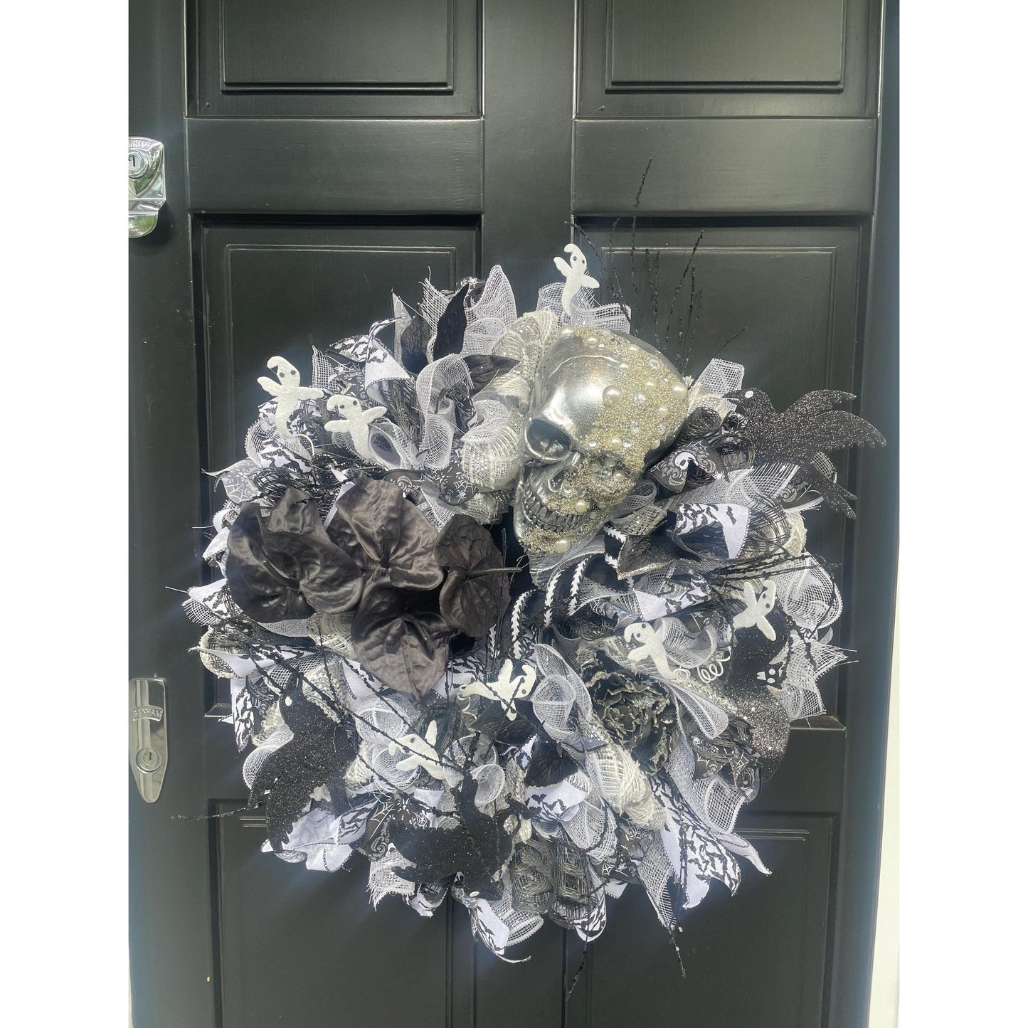 XL SKULL Halloween Front Door Wreath Gothic Hanger Wall Porch Hanger Handmade House Home Decor Decorations Whimsical Skelly Glam Luxury Fall