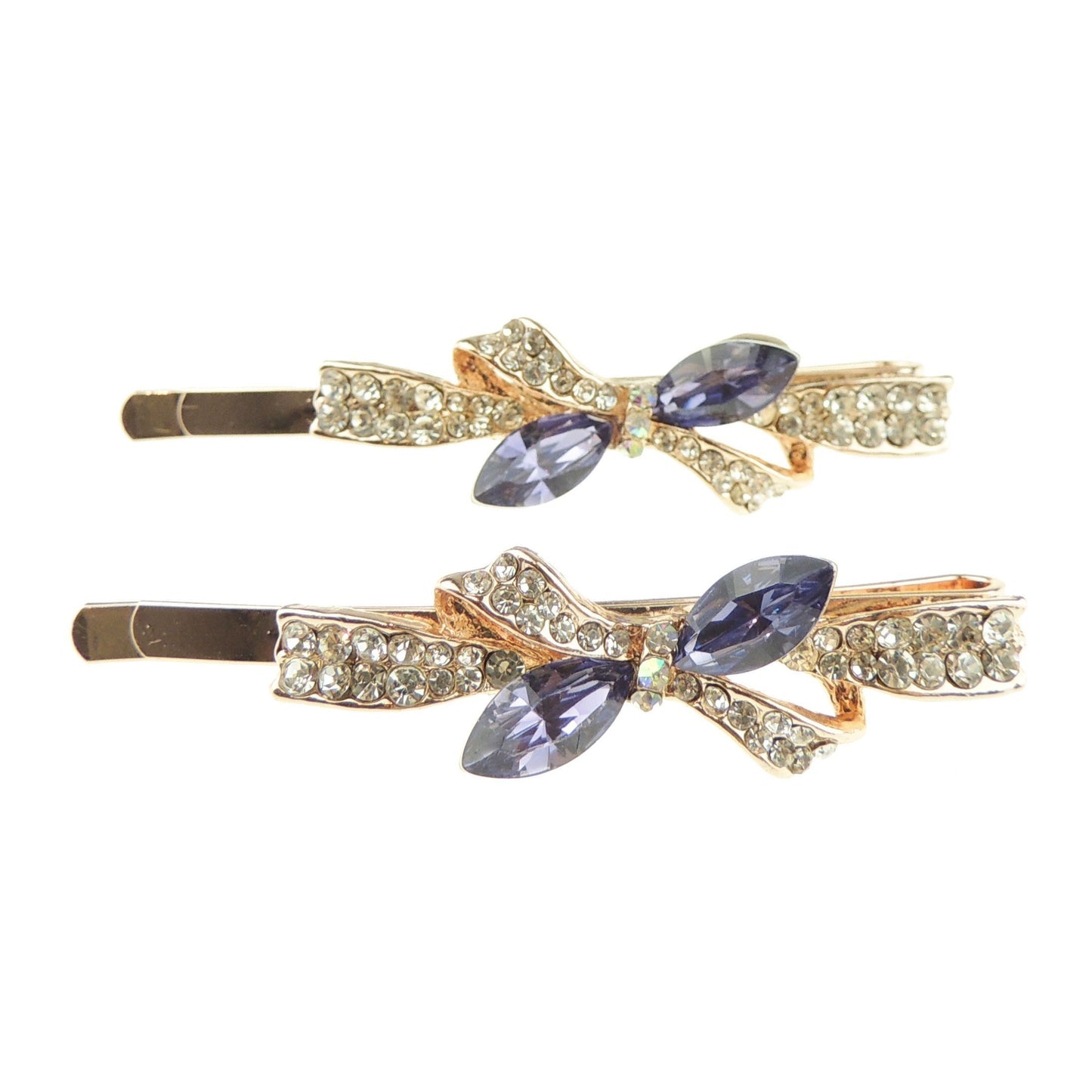 Womens Gold Tone Sparkly Bow Rhinestone Stones Jeweled Crystal Diamante Party Birthday Christmas Bridal Wedding Slides Hairpin Hair Clips Grips Bobby Pins Set of 2 Butterfly Bow Purple