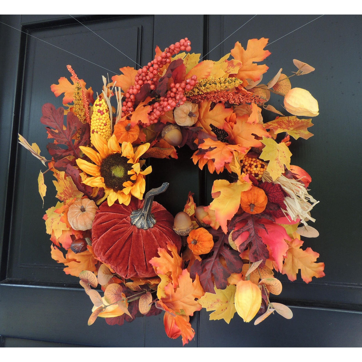 20" Large Velvet Pumpkin Wreath, Autumn Fall Front Door Wreath, Sunflower Harvest Decor, Rustic Thanksgiving Farmhouse Wreath