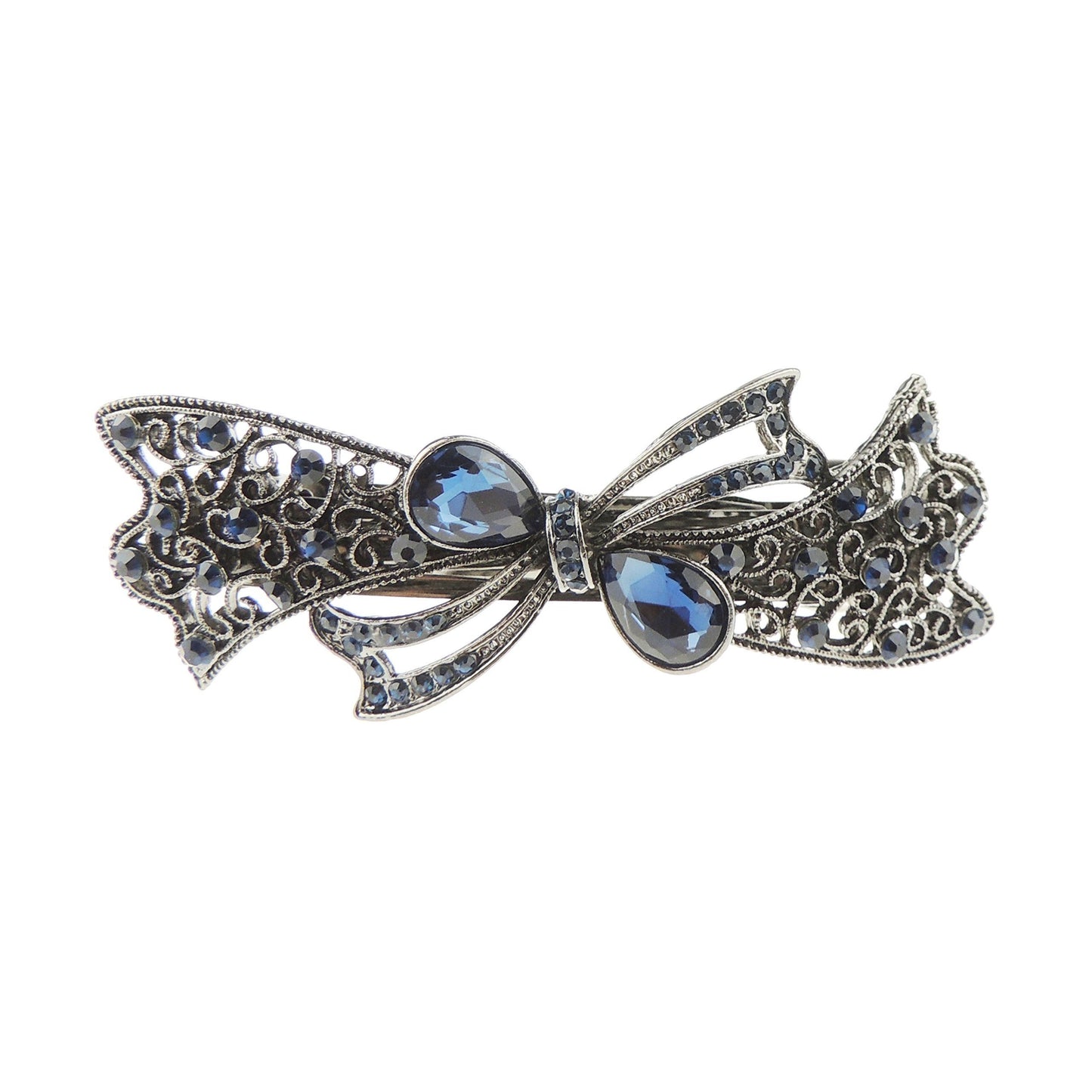 Womens Girls Vintage Look Crystal Rhinestone Diamante Wedding Birthday Party Evening Ponytail Fine Medium Hair Accessories Barrette Hairpin Silver Tone Metal French Spring Clipe Ribbon Bow (Blue)