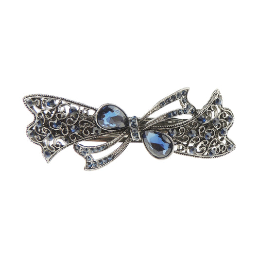 Womens Girls Vintage Look Crystal Rhinestone Diamante Wedding Birthday Party Evening Ponytail Fine Medium Hair Accessories Barrette Hairpin Silver Tone Metal French Spring Clipe Ribbon Bow (Blue)