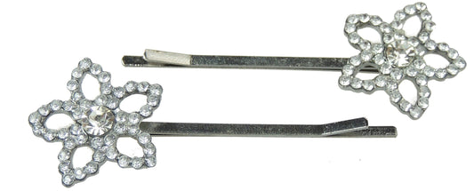 Womens Girls Sparkly Bow Jeweled Crystal Diamante Party Birthday Christmas Bridal Wedding Accessories Slides Hairpin Hair Clips Grips Bobby Pins Set of 2 Silver Tone Flowers Floral Daisy Clear