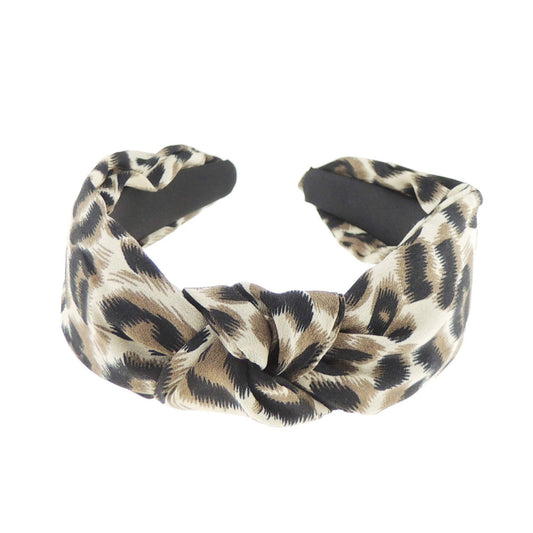Womens Girls Knotted Top Knot Twisted Velvet Turban Chiffon Fabric Winter Wedding Formal Dance Christmas Party Birthday Headband Hair Alice Band Animal Cheetah Cat Leopard Print (Leopard)