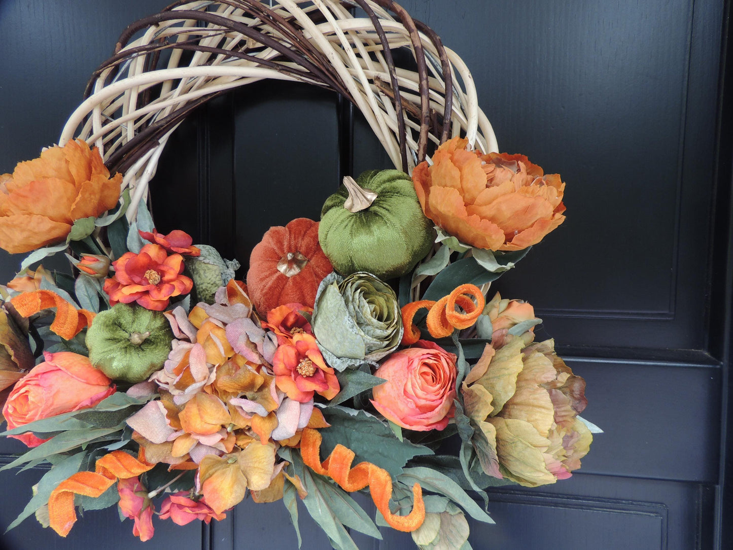 Orange Autumn Pumpkin Door Wreath, Green Fall Swag, Luxury Autumn Front Door Decor,Thanksgiving Wreath, Glam Fall Door Hanger,Harvest Wreath
